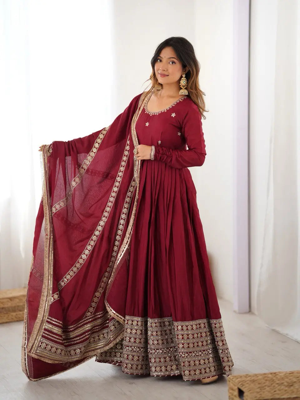 Embroidered Chinon Silk Anarkali Gown Set