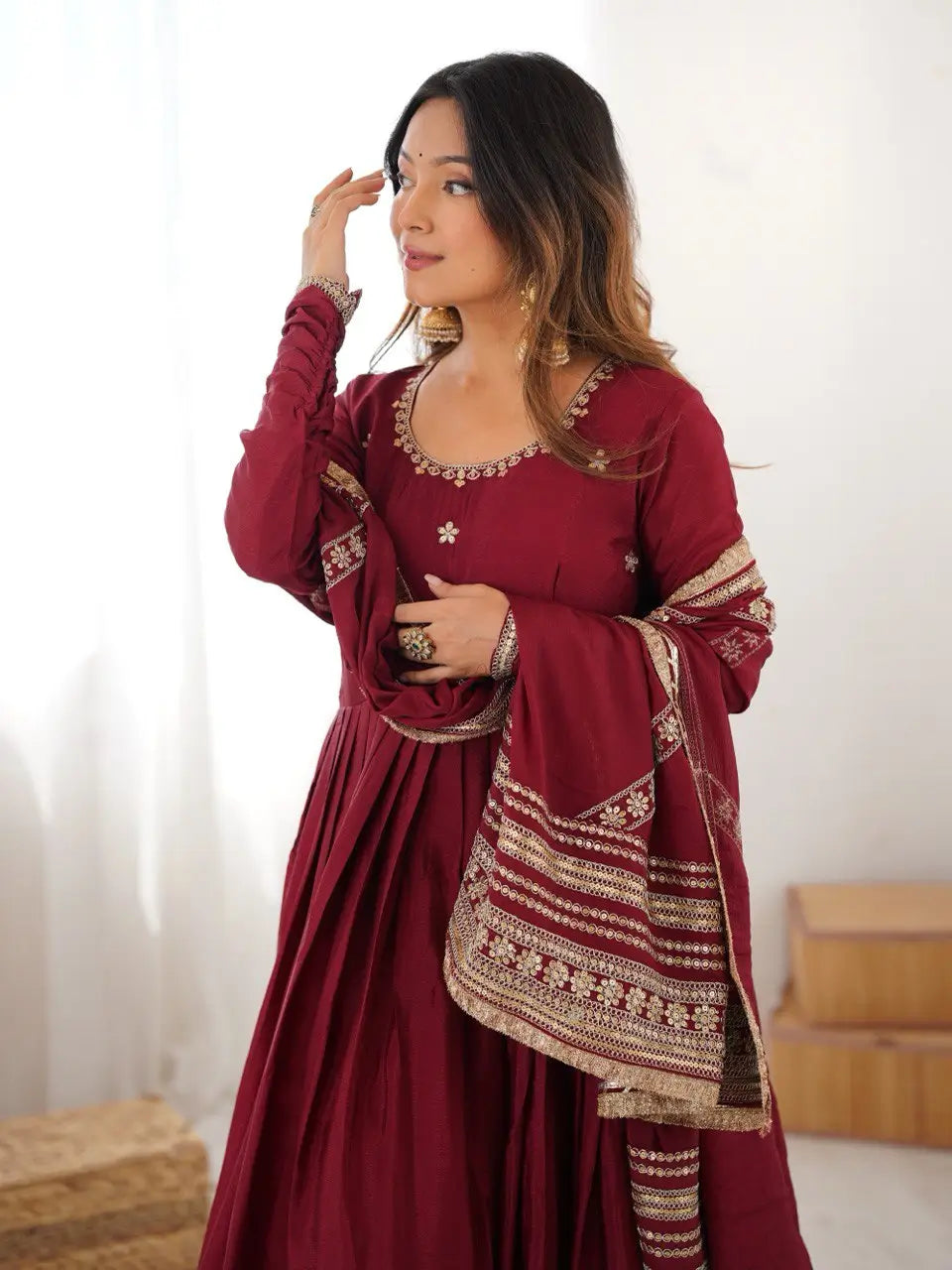 Embroidered Chinon Silk Anarkali Gown Set