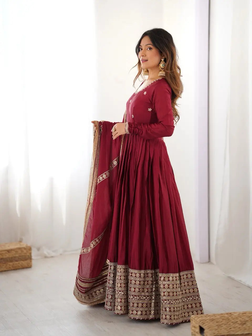 Embroidered Chinon Silk Anarkali Gown Set