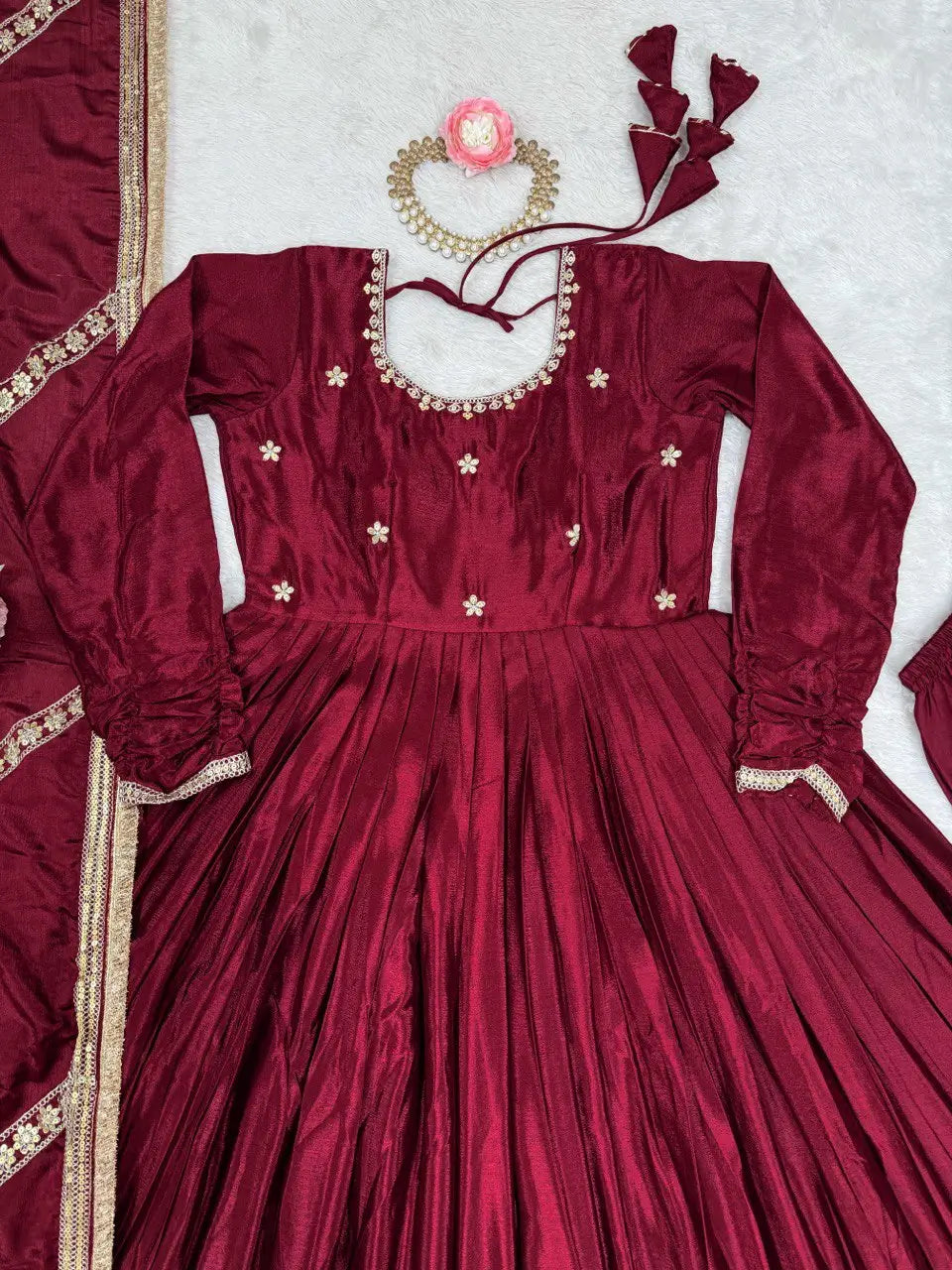 Embroidered Chinon Silk Anarkali Gown Set