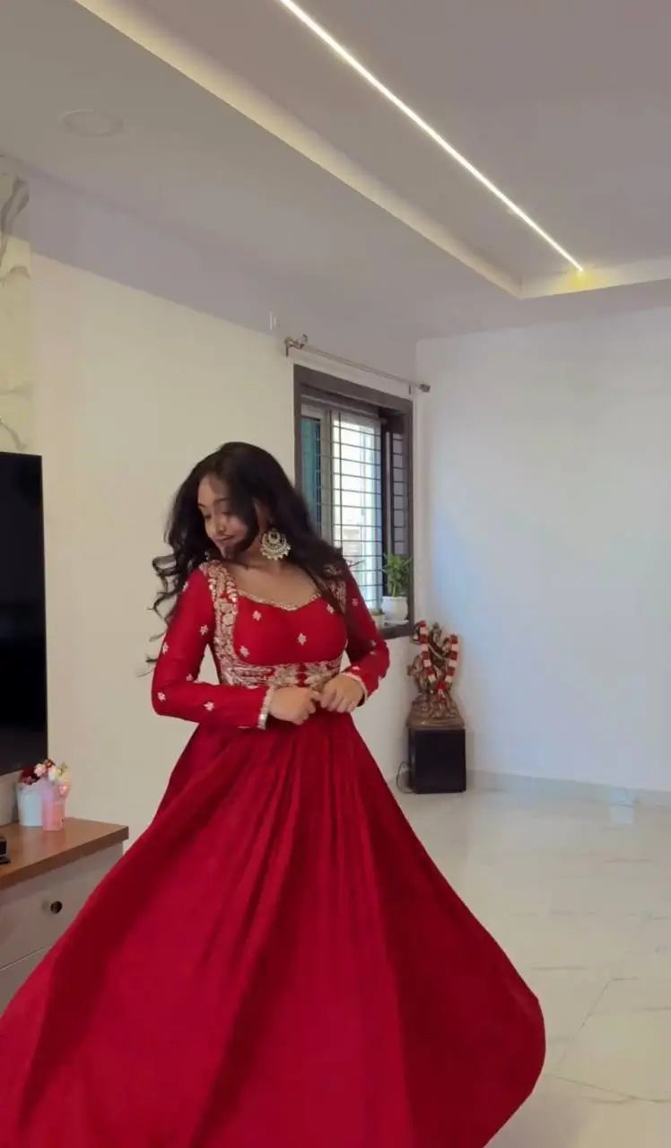 Embroidered Chinon Silk Anarkali Gown Set