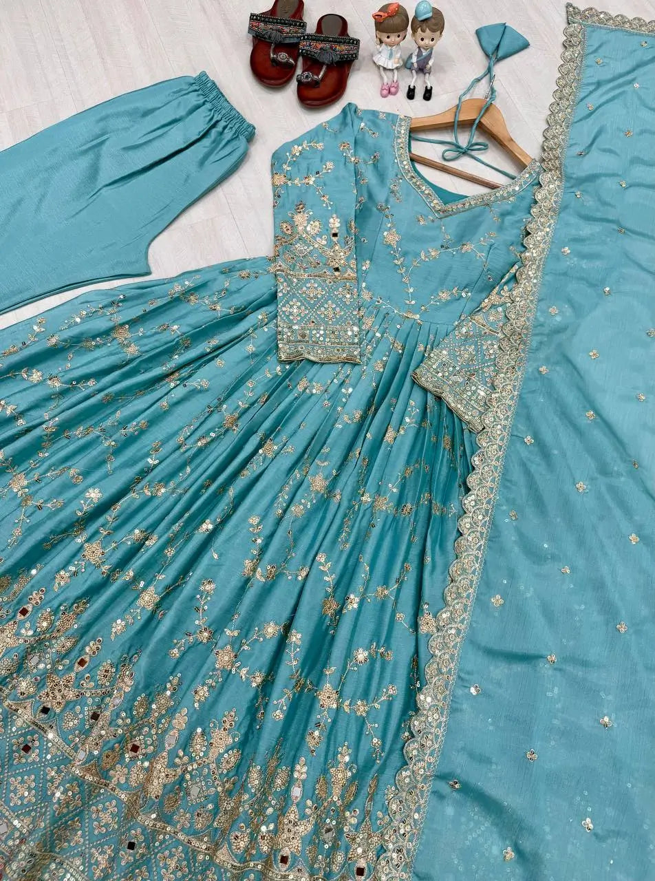 Embroidered Chinon Silk Anarkali Set
