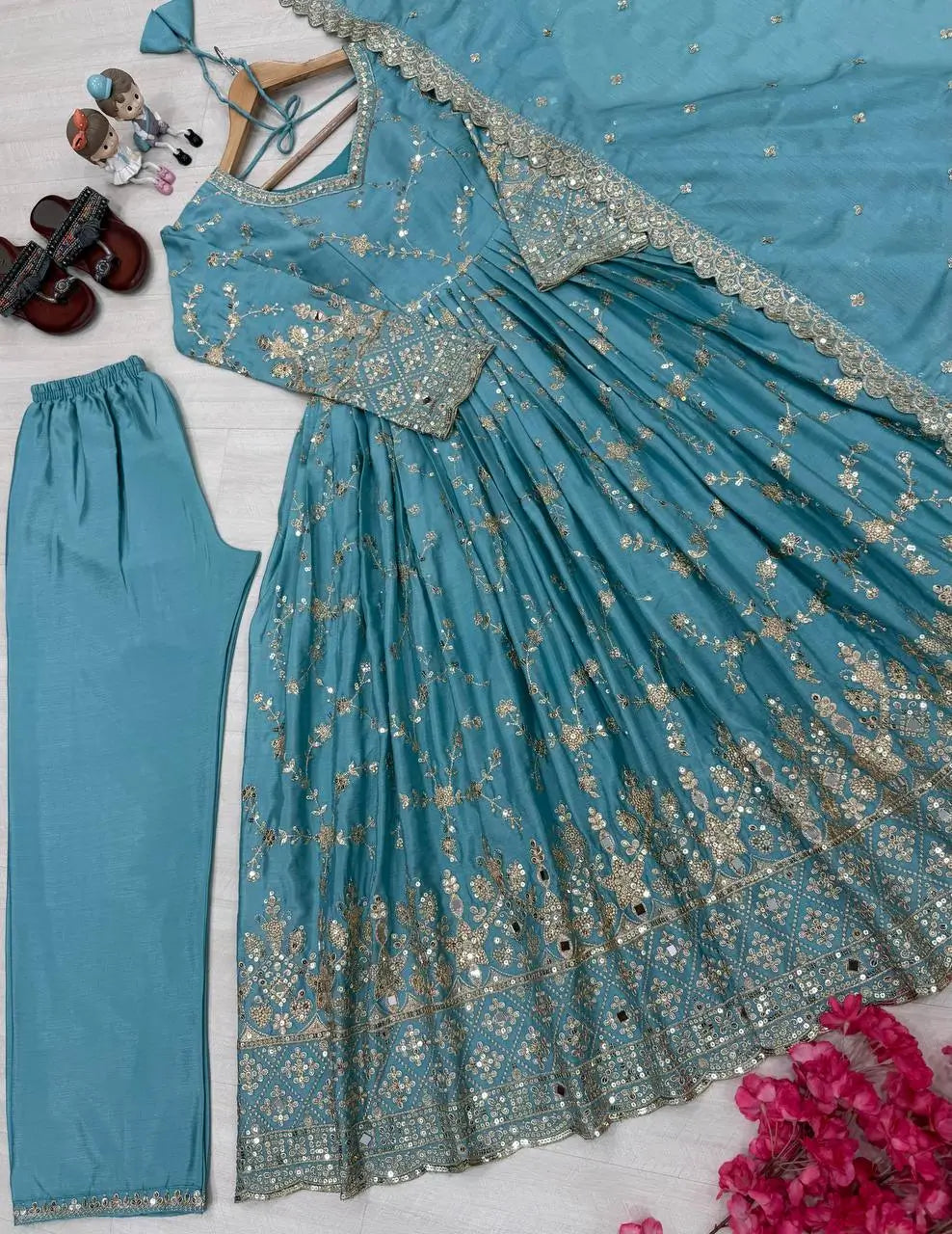 Embroidered Chinon Silk Anarkali Set