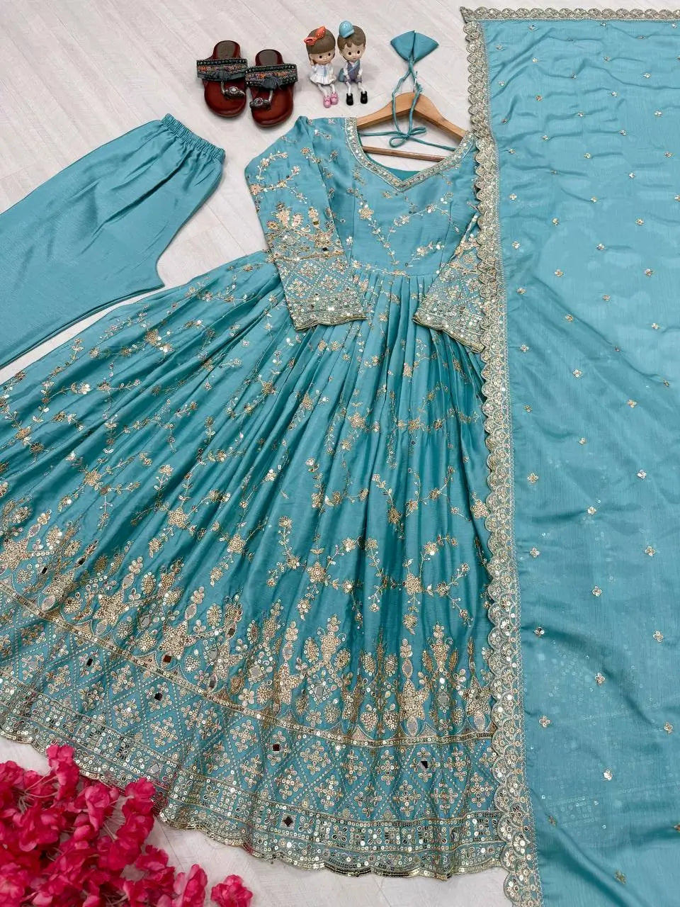 Embroidered Chinon Silk Anarkali Set