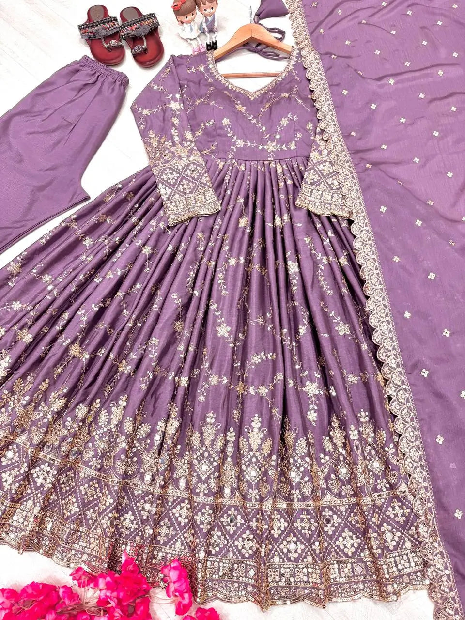 Embroidered Chinon Silk Anarkali Set