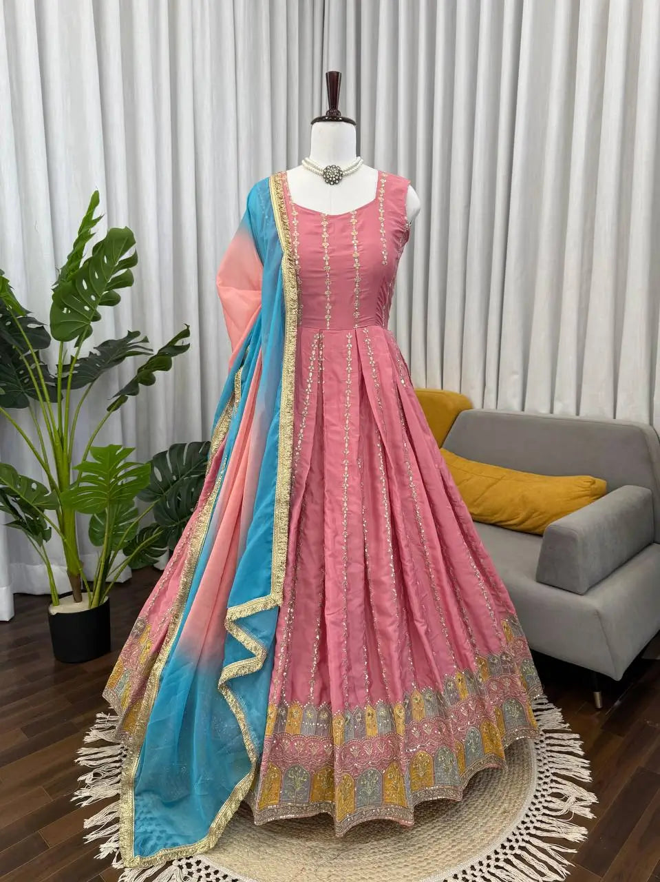 Embroidered Chinon Silk Anarkali Set with Dupatta