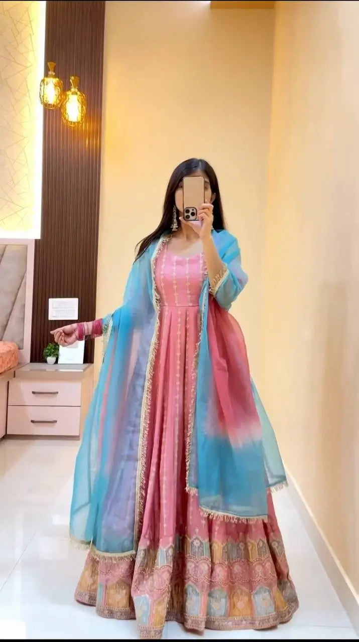 Embroidered Chinon Silk Anarkali Set with Dupatta