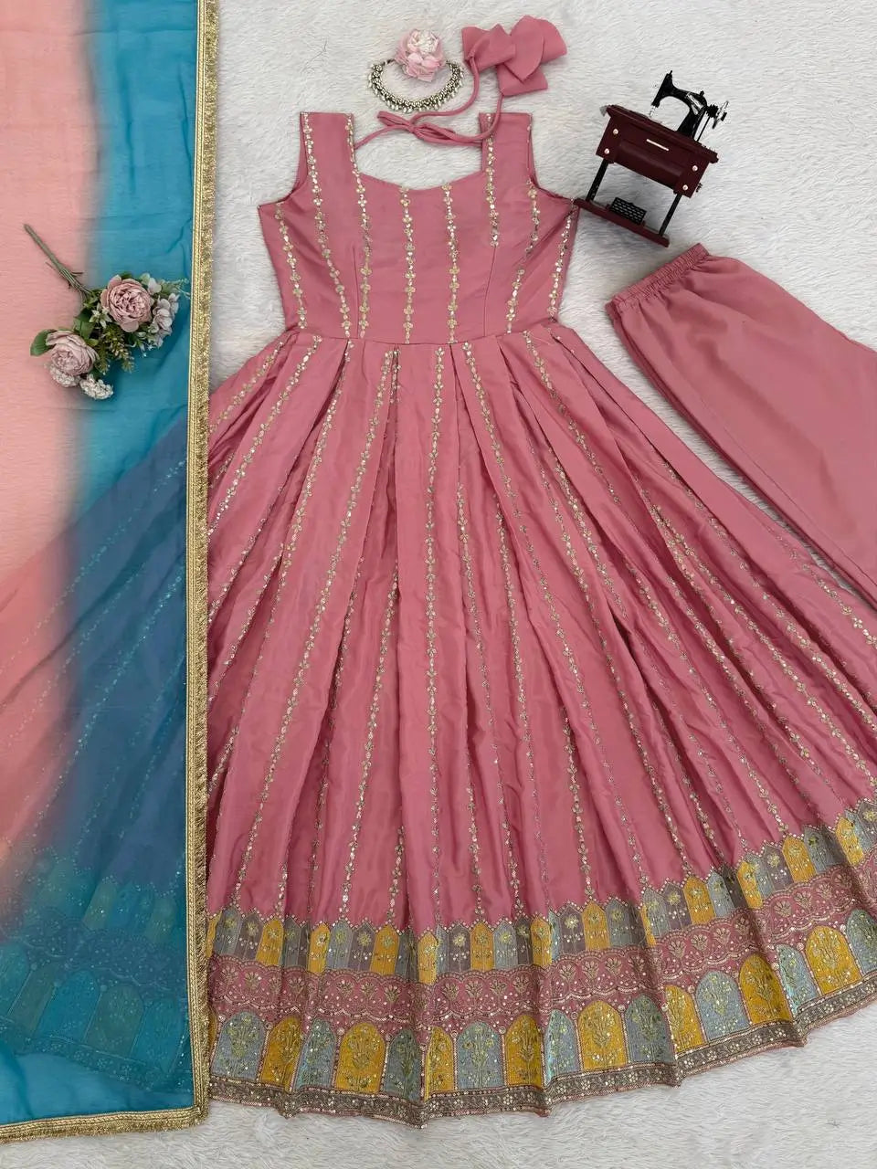 Embroidered Chinon Silk Anarkali Set with Dupatta