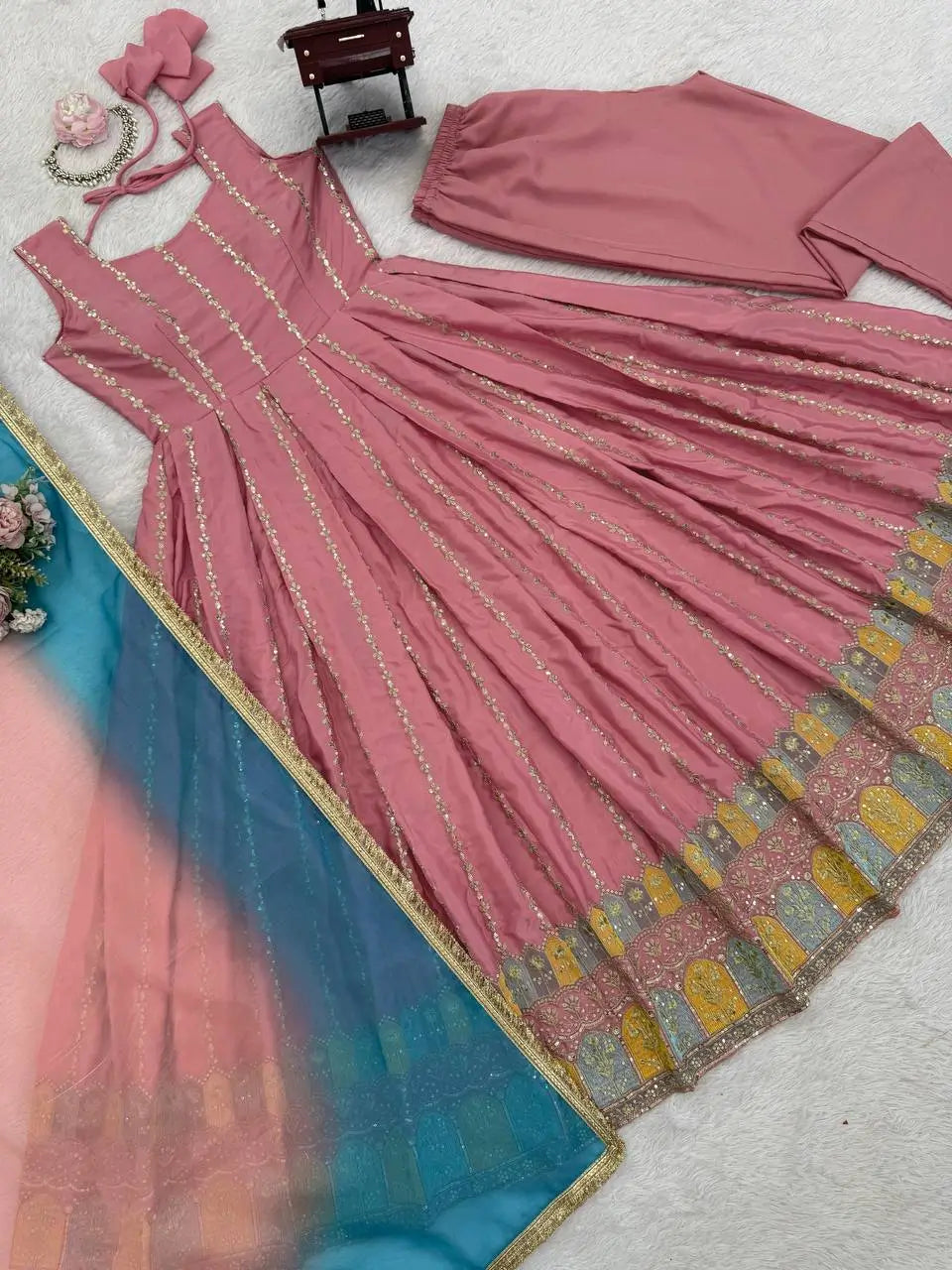 Embroidered Chinon Silk Anarkali Set with Dupatta