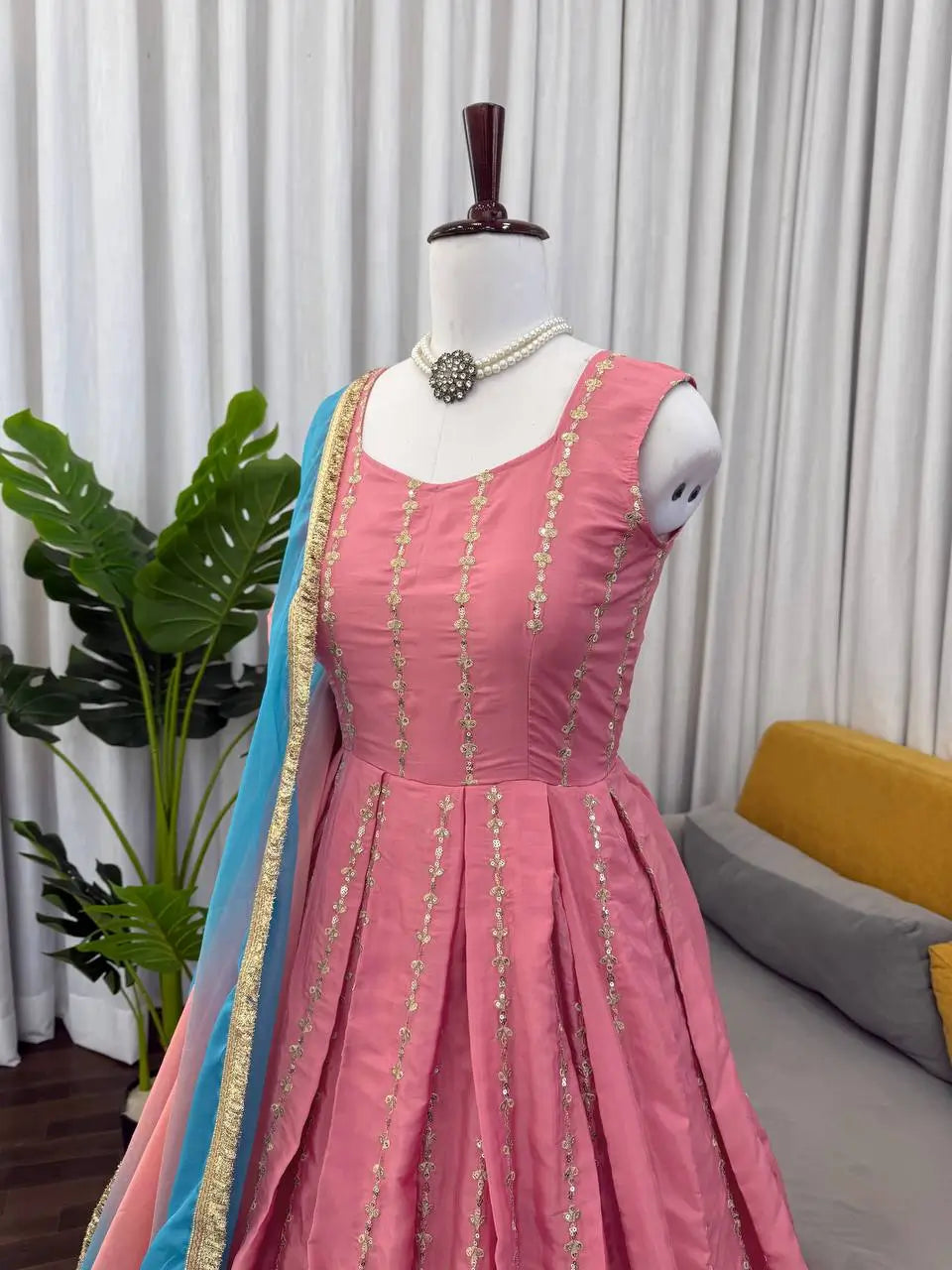 Embroidered Chinon Silk Anarkali Set with Dupatta