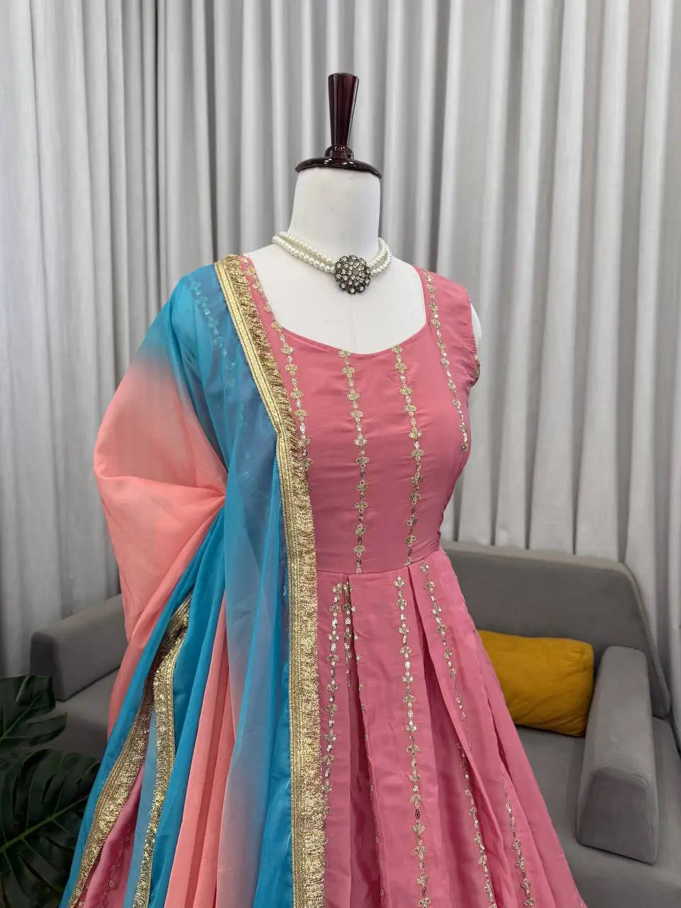 Embroidered Chinon Silk Anarkali Set with Dupatta