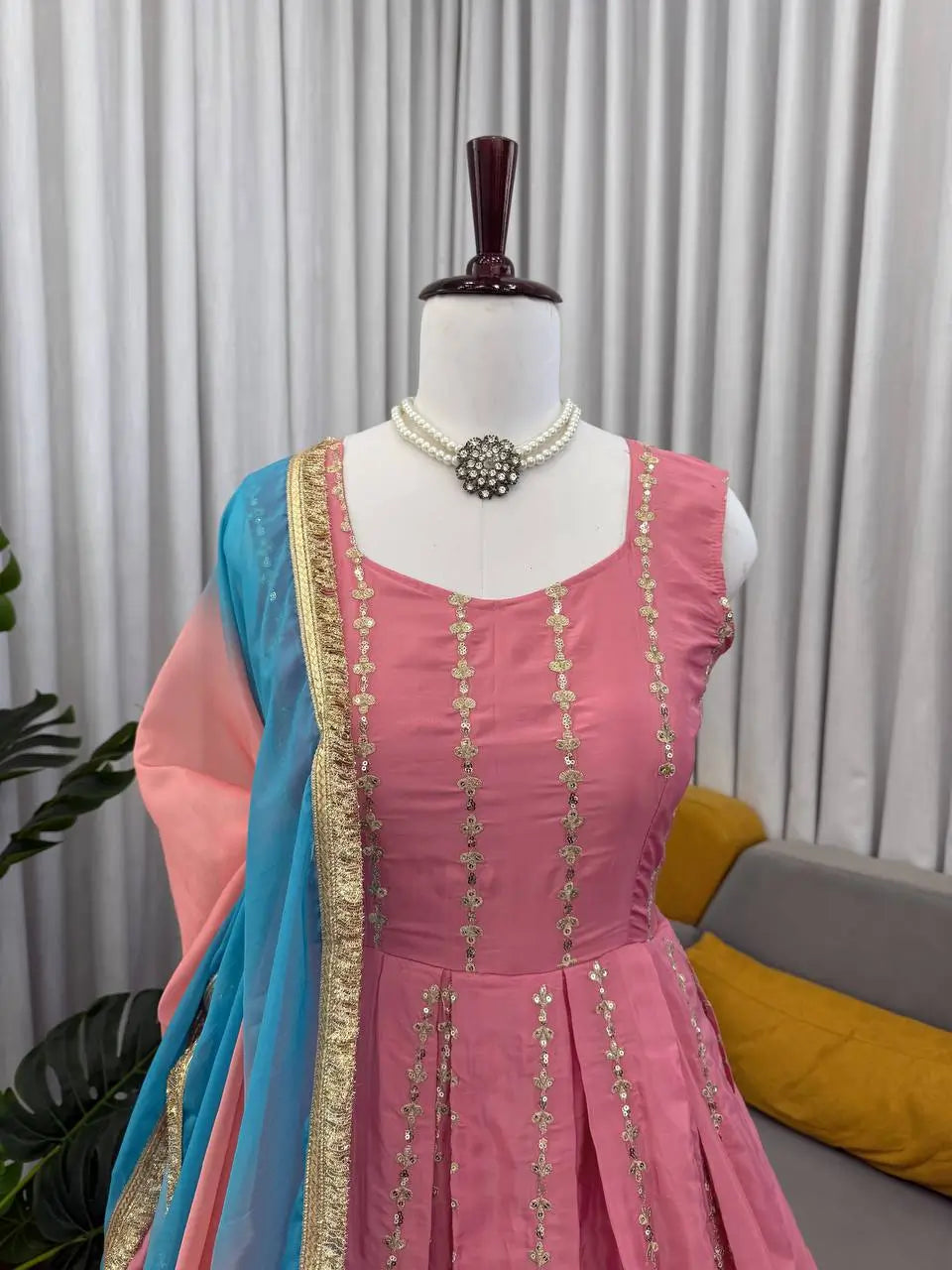 Embroidered Chinon Silk Anarkali Set with Dupatta