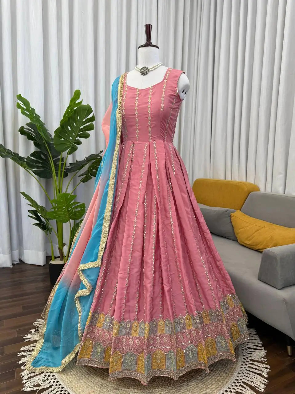 Embroidered Chinon Silk Anarkali Set with Dupatta