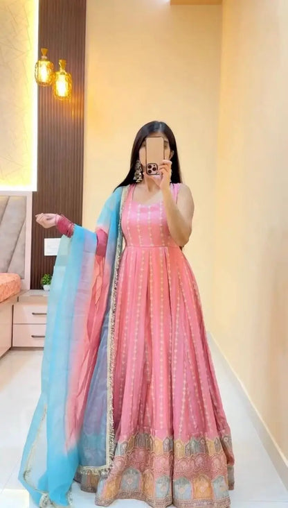 Embroidered Chinon Silk Anarkali Set with Dupatta