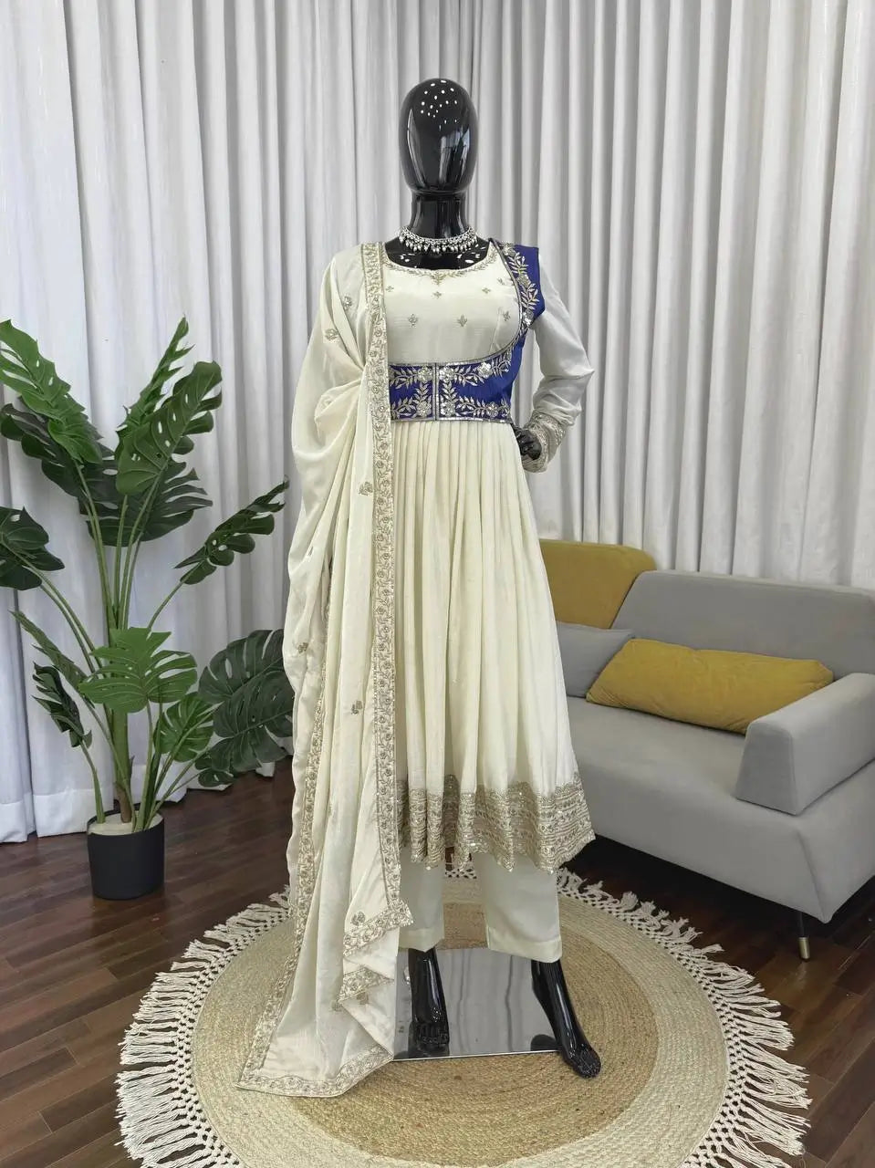 Embroidered Chinon Silk Anarkali Set with Koti, Pant and Dupatta