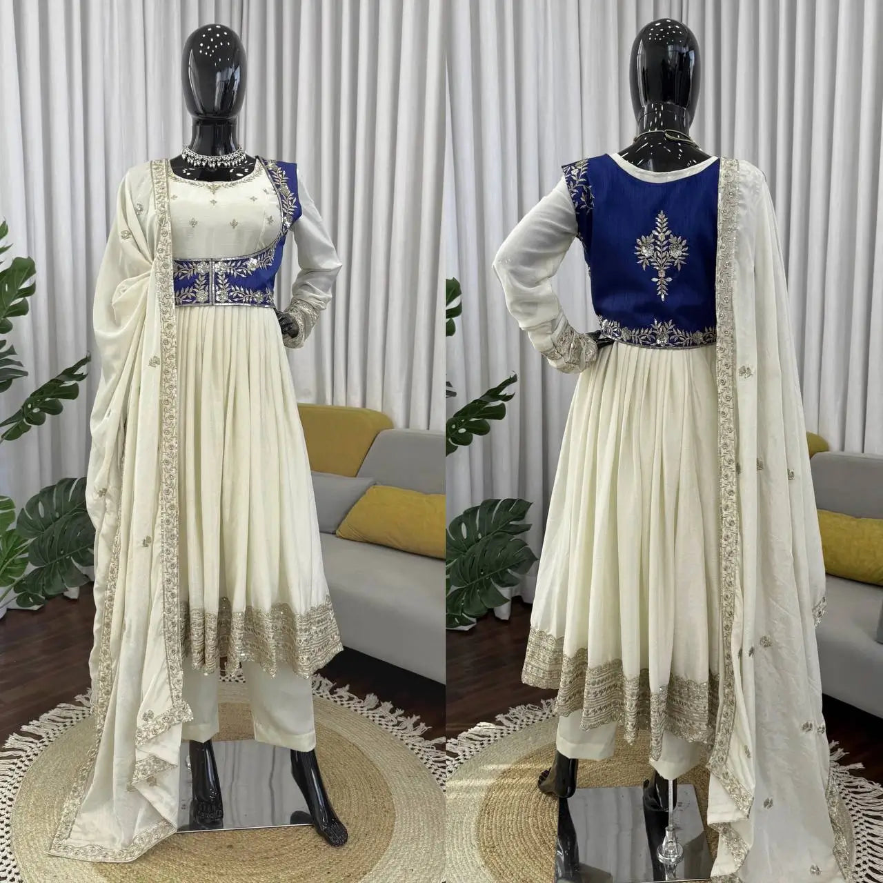 Embroidered Chinon Silk Anarkali Set with Koti, Pant and Dupatta