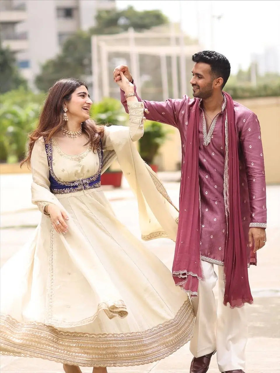 Embroidered Chinon Silk Anarkali Set with Koti, Pant and Dupatta