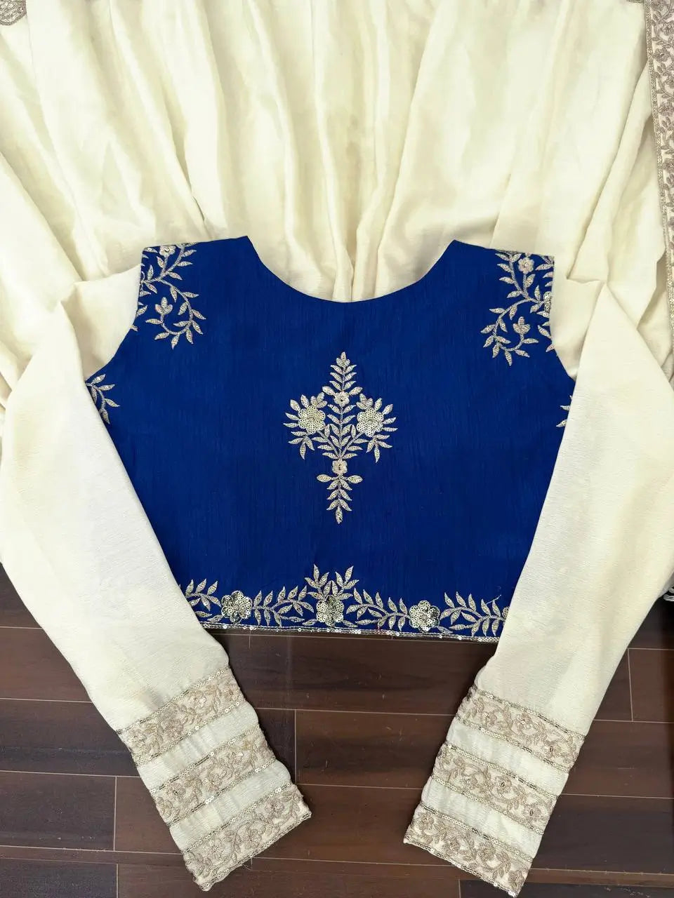Embroidered Chinon Silk Anarkali Set with Koti, Pant and Dupatta