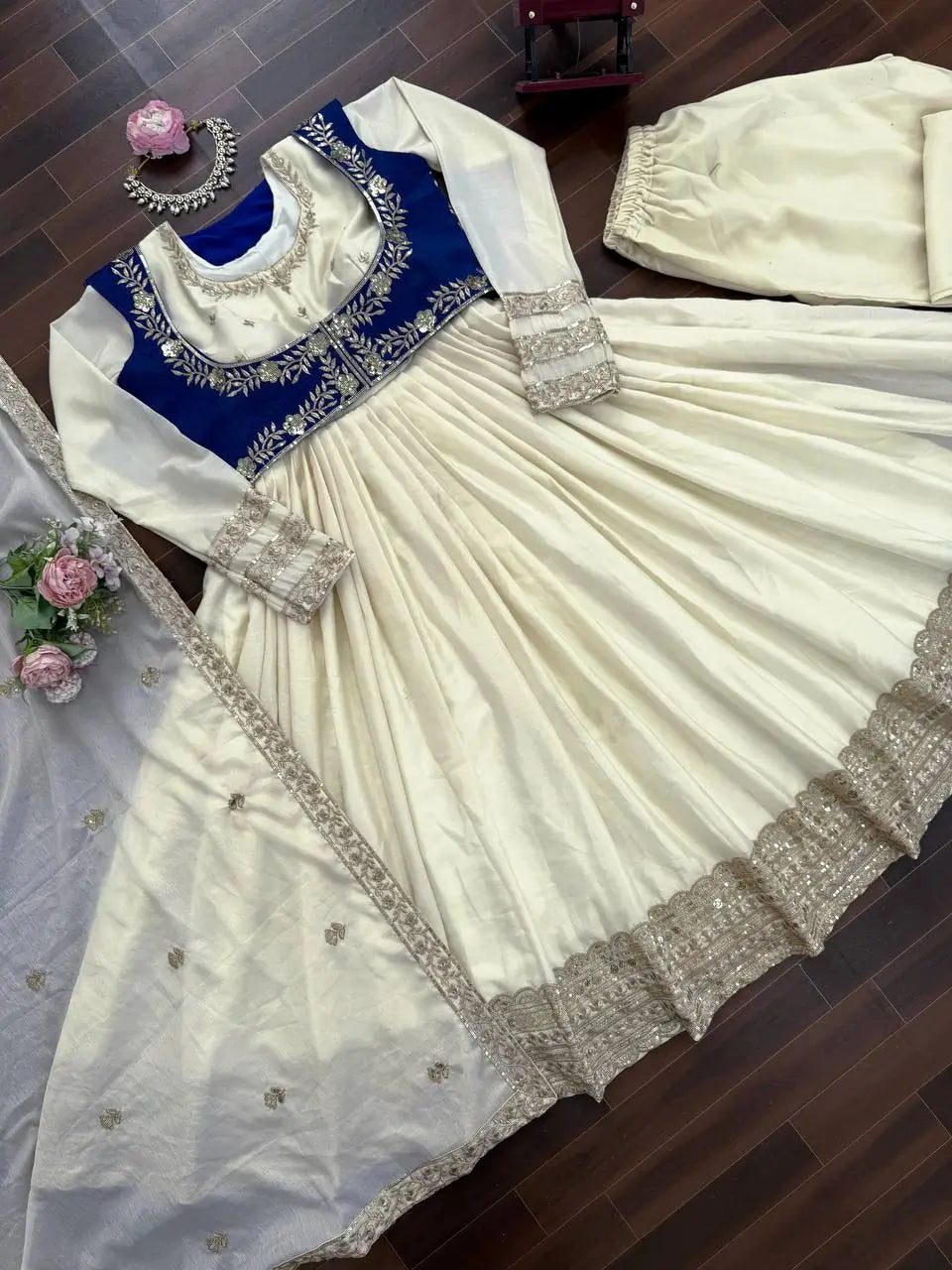 Embroidered Chinon Silk Anarkali Set with Koti, Pant and Dupatta