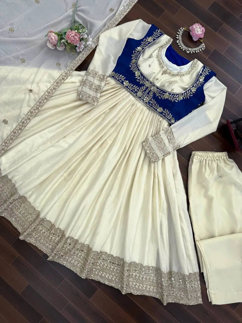 Embroidered Chinon Silk Anarkali Set with Koti, Pant and Dupatta