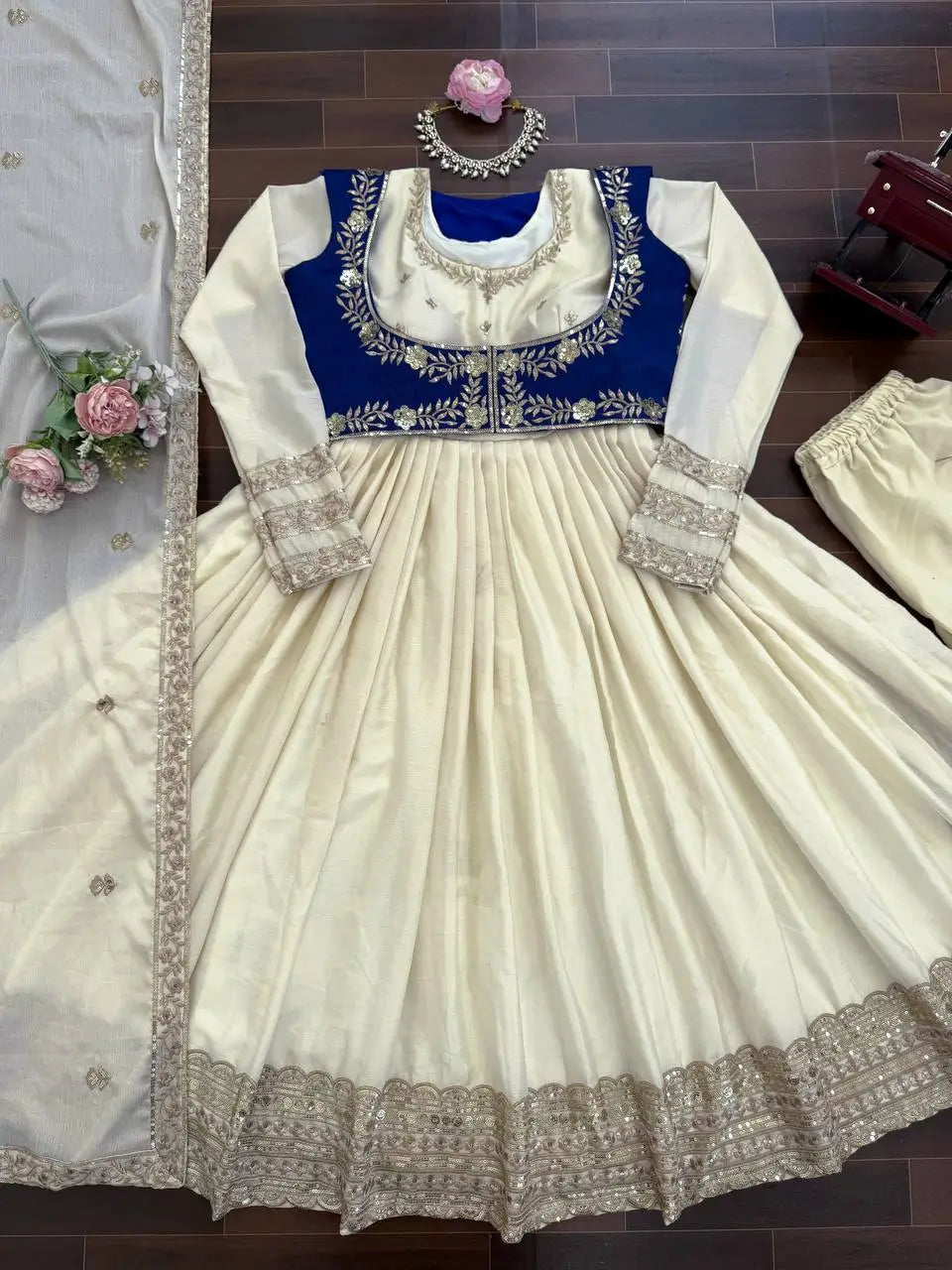 Embroidered Chinon Silk Anarkali Set with Koti, Pant and Dupatta