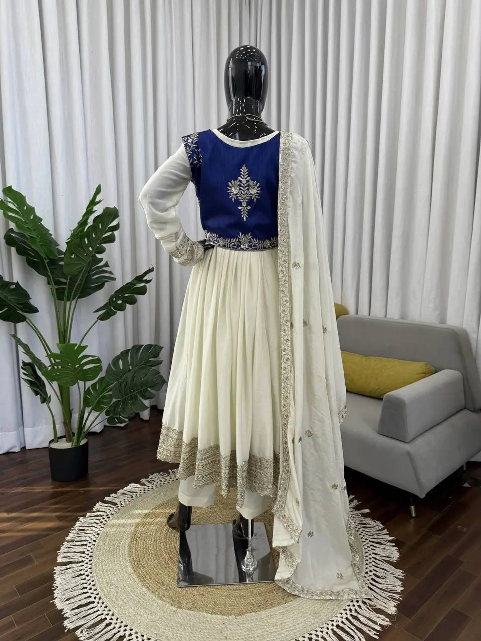 Embroidered Chinon Silk Anarkali Set with Koti, Pant and Dupatta