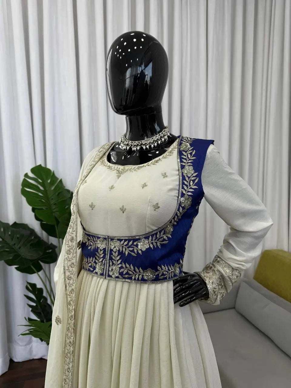 Embroidered Chinon Silk Anarkali Set with Koti, Pant and Dupatta