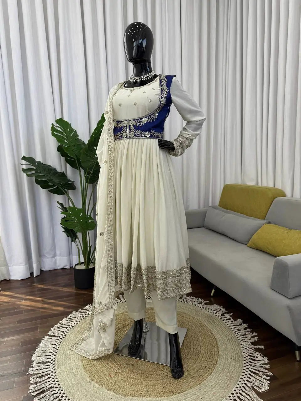 Embroidered Chinon Silk Anarkali Set with Koti, Pant and Dupatta