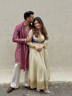Embroidered Chinon Silk Anarkali Set with Koti, Pant and Dupatta
