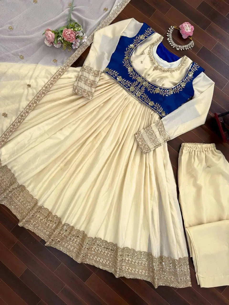 Embroidered Chinon Silk Anarkali Suit Set with Koti for Wedding and Festive Wear