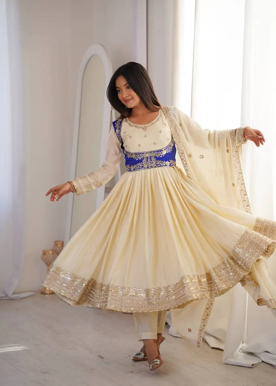 Embroidered Chinon Silk Anarkali Suit Set with Koti for Wedding and Festive Wear