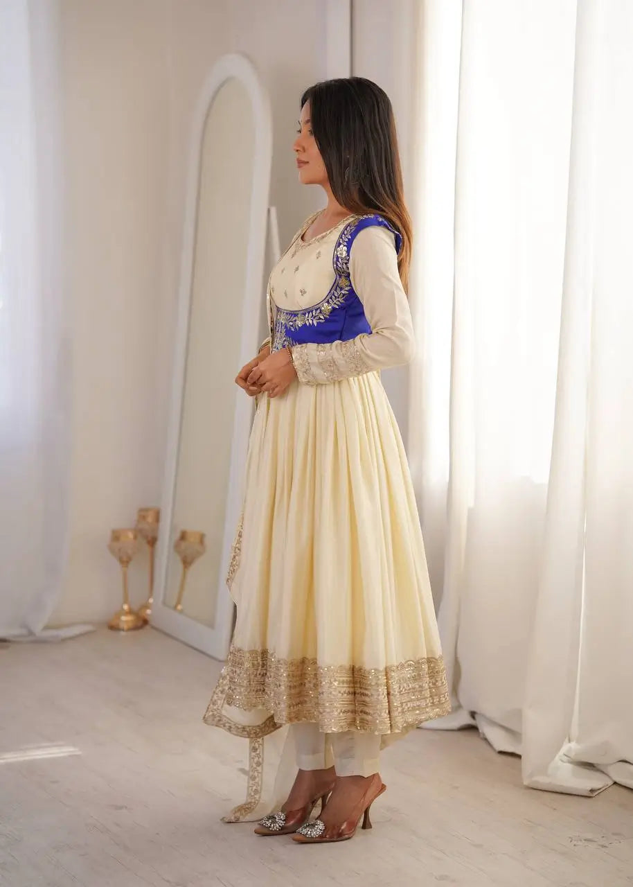 Embroidered Chinon Silk Anarkali Suit Set with Koti for Wedding and Festive Wear
