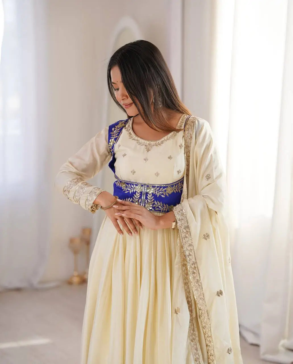 Embroidered Chinon Silk Anarkali Suit Set with Koti for Wedding and Festive Wear