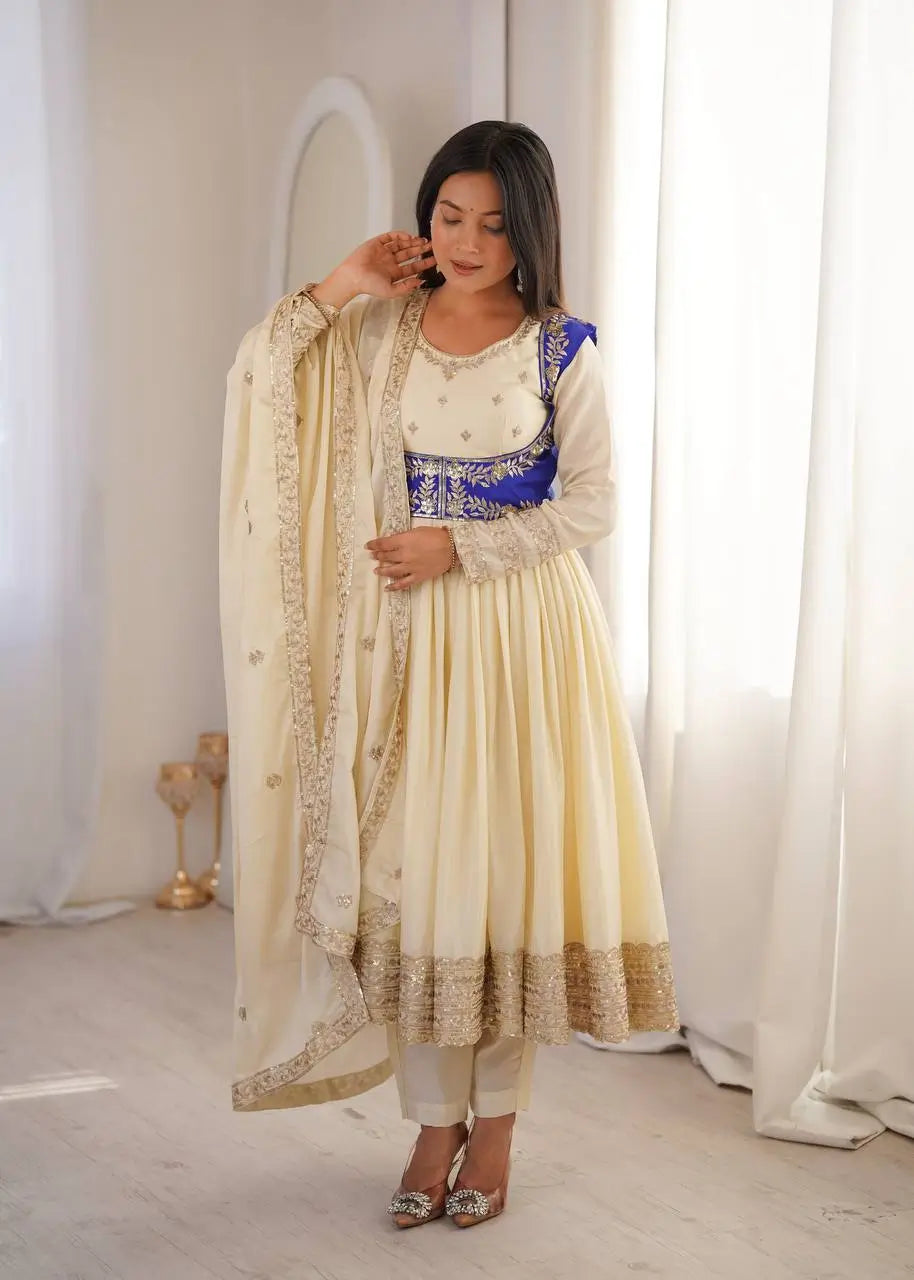 Embroidered Chinon Silk Anarkali Suit Set with Koti for Wedding and Festive Wear