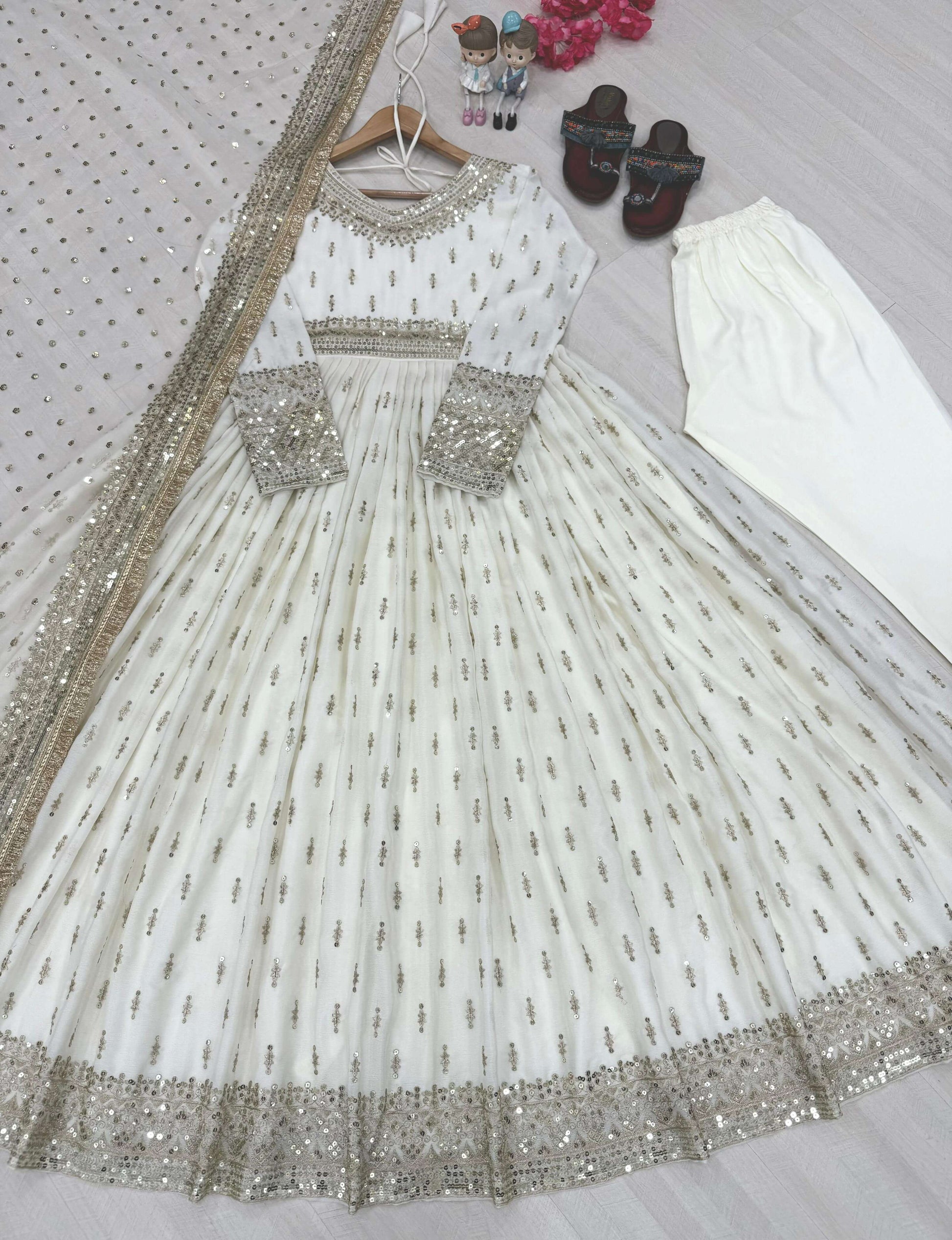 Embroidered Chinon Silk Gown Set
