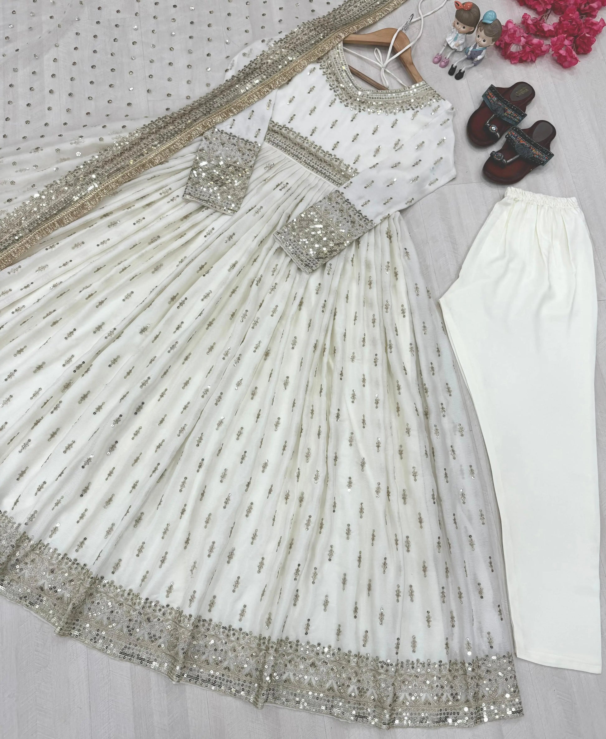 Embroidered Chinon Silk Gown Set