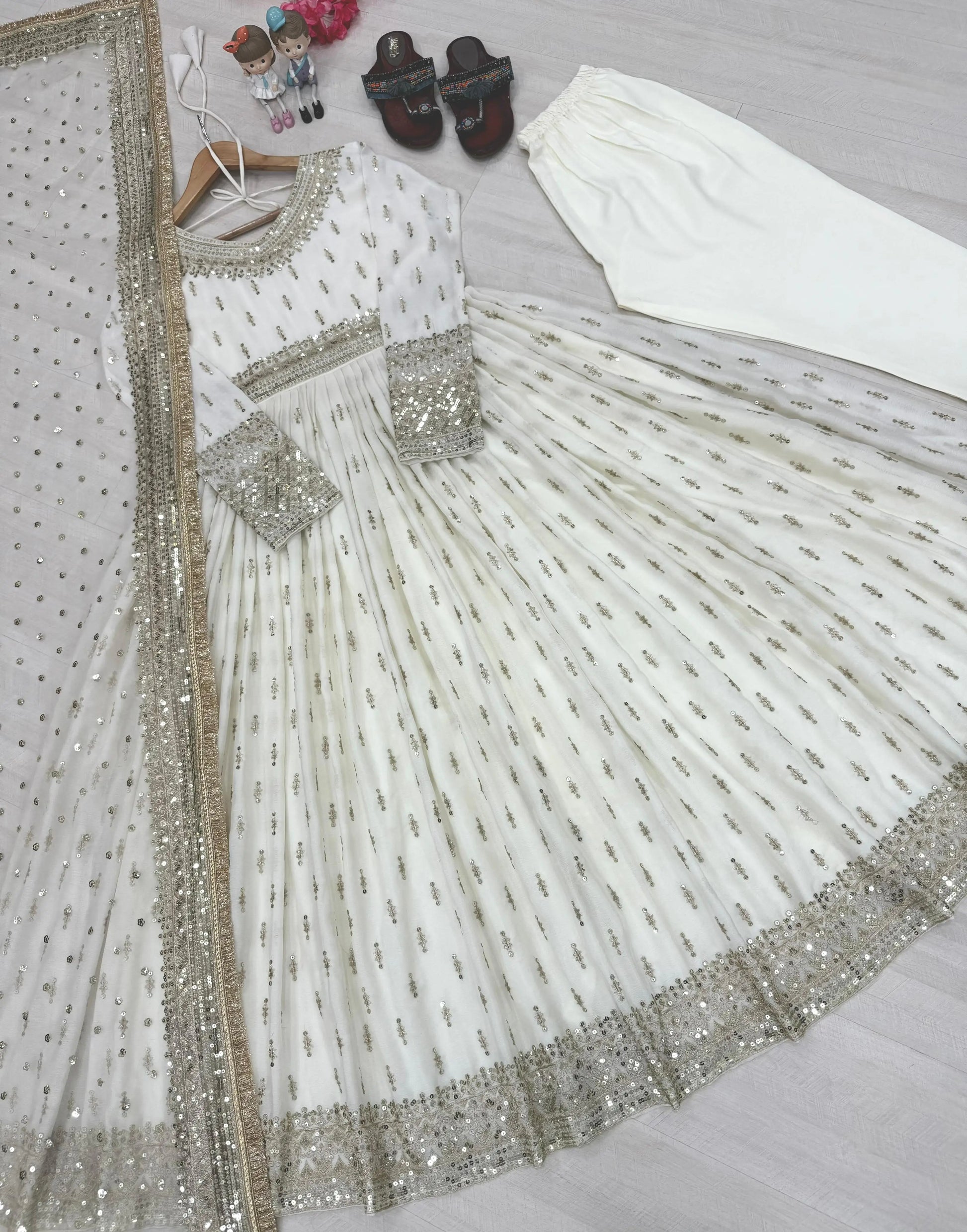 Embroidered Chinon Silk Gown Set
