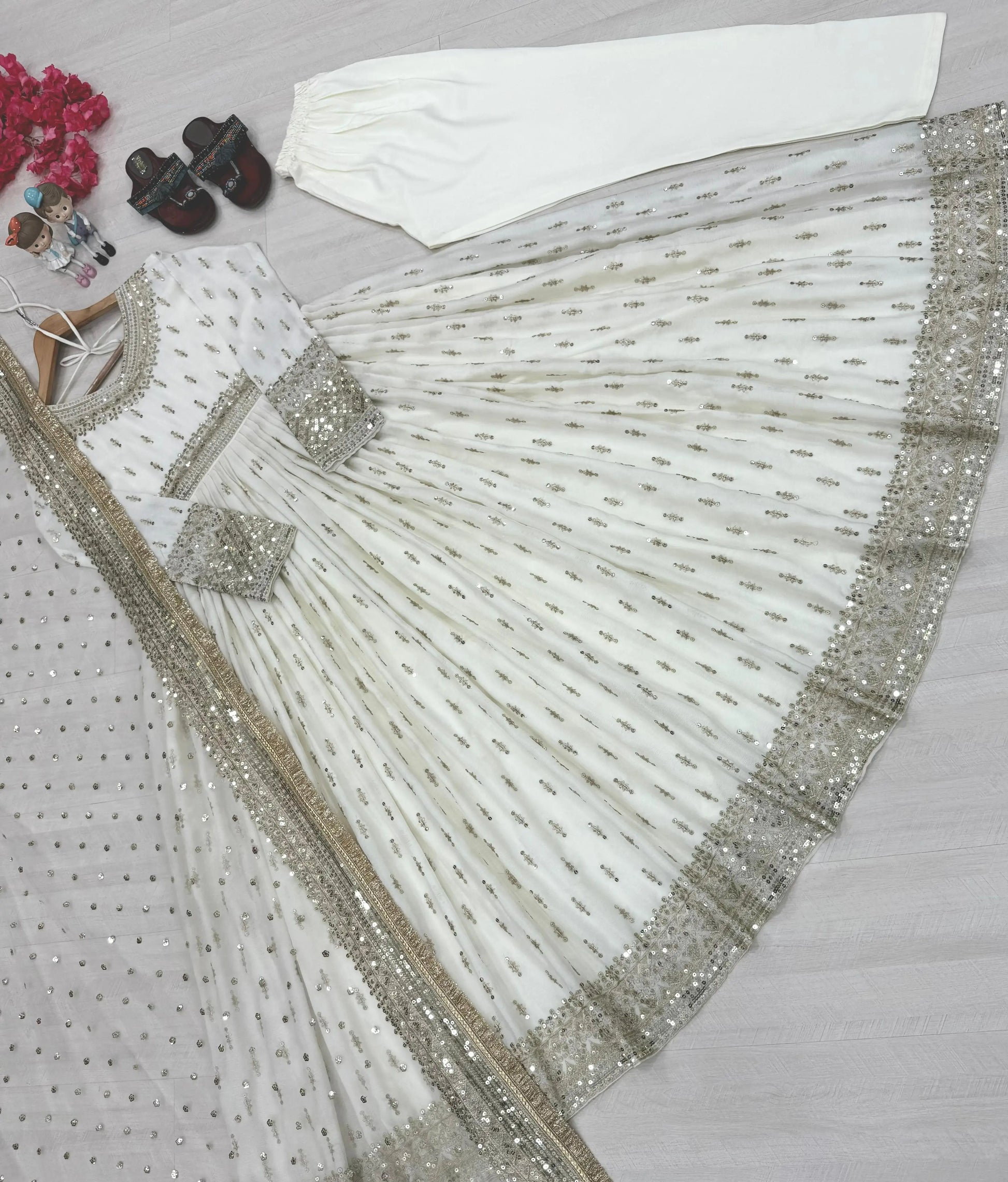 Embroidered Chinon Silk Gown Set