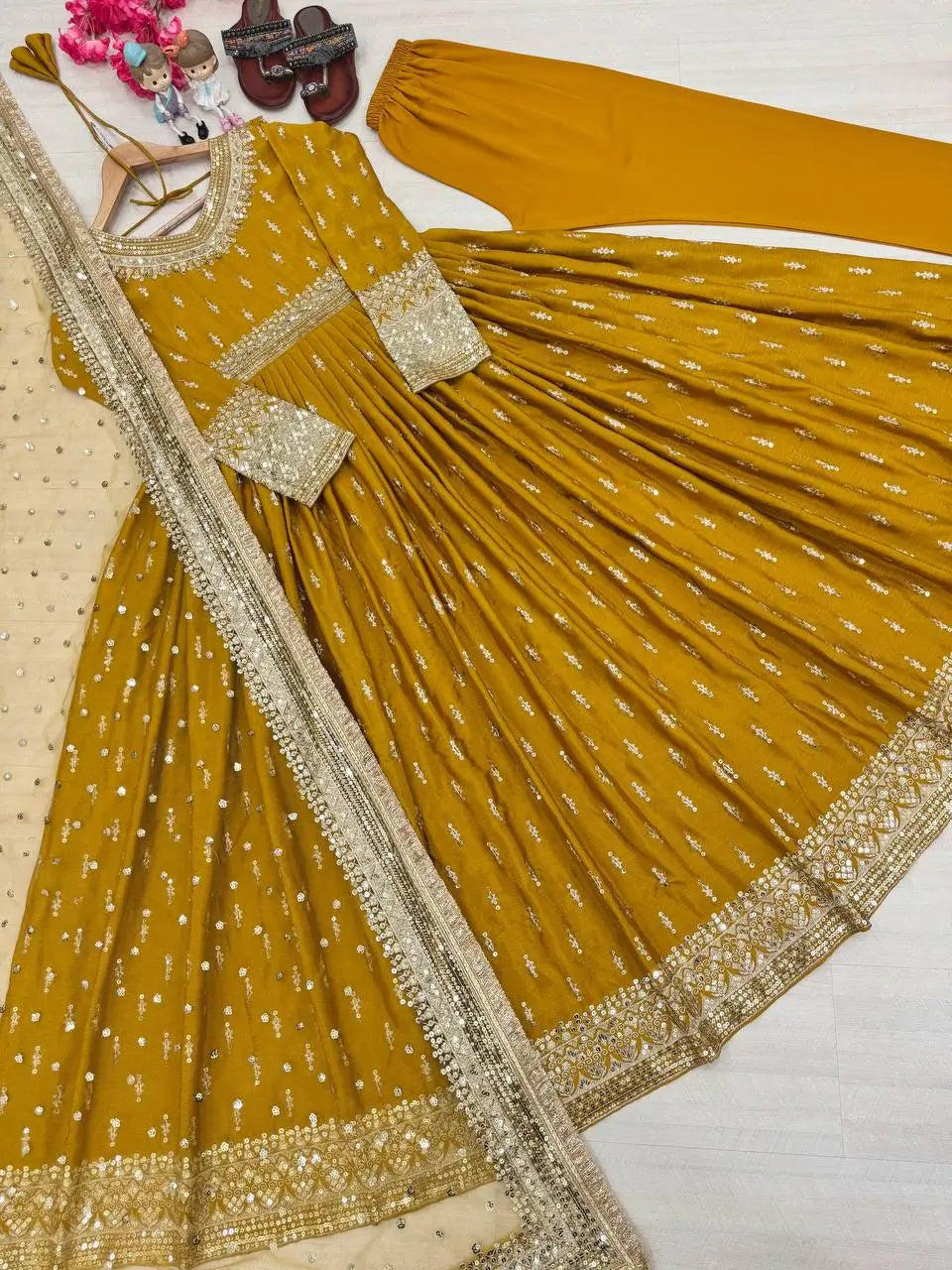 Embroidered Chinon Silk Gown Set