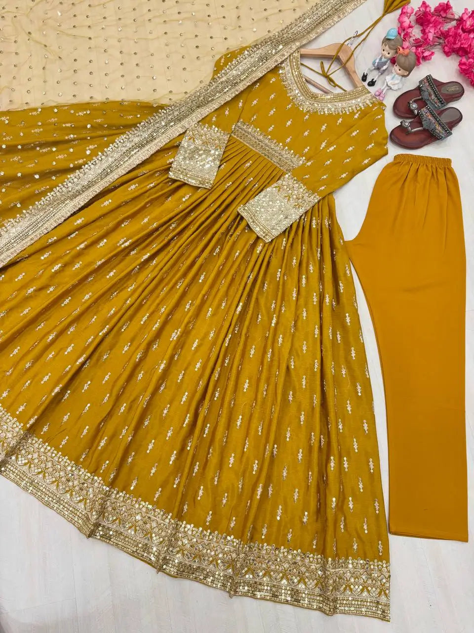 Embroidered Chinon Silk Gown Set