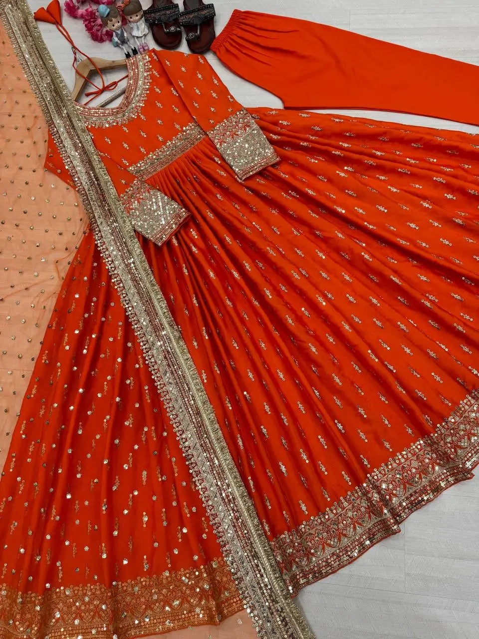 Embroidered Chinon Silk Gown Set