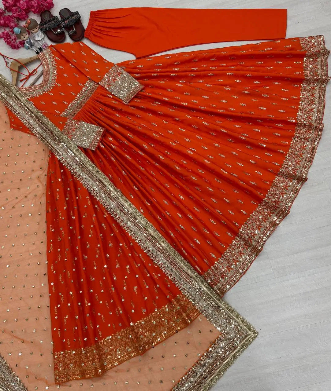 Embroidered Chinon Silk Gown Set