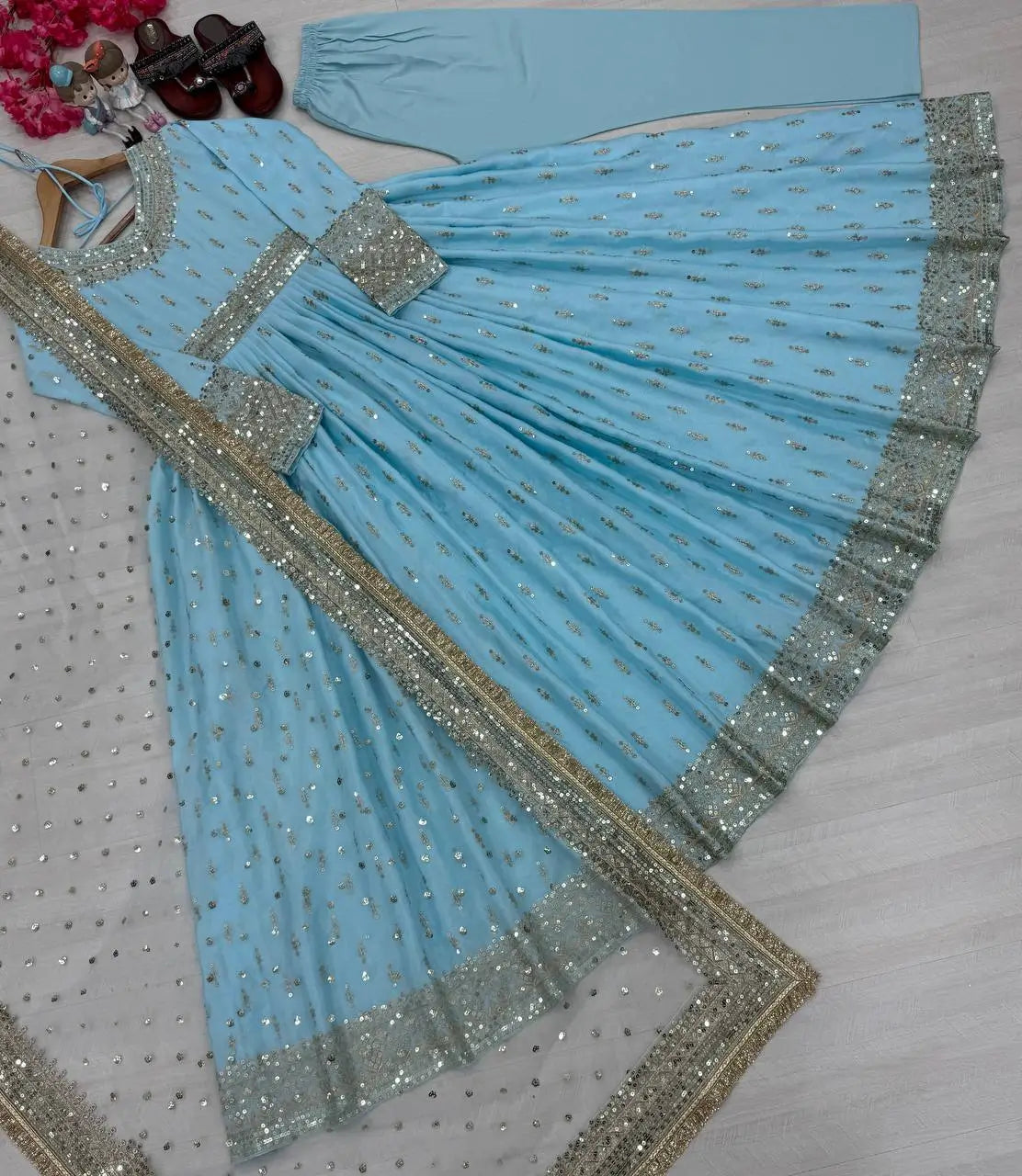 Embroidered Chinon Silk Gown Set