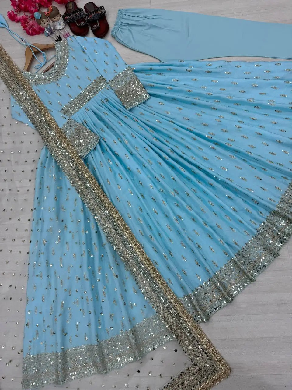 Embroidered Chinon Silk Gown Set