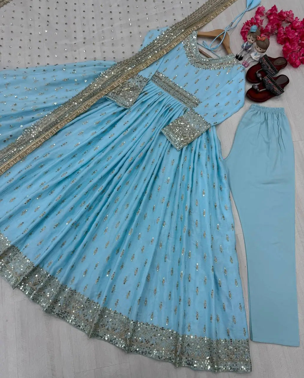 Embroidered Chinon Silk Gown Set