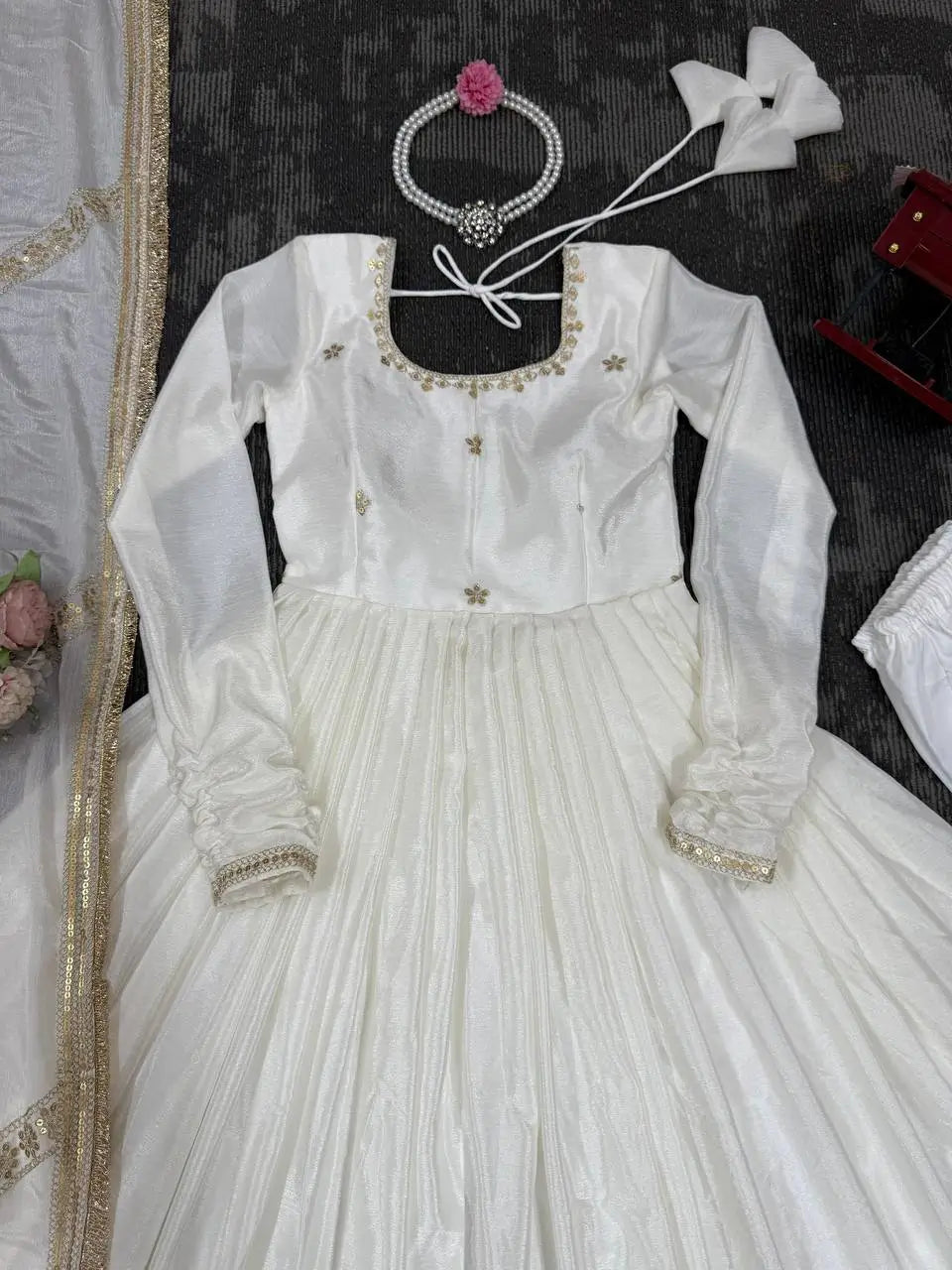 Embroidered Chinon Silk Gown Set