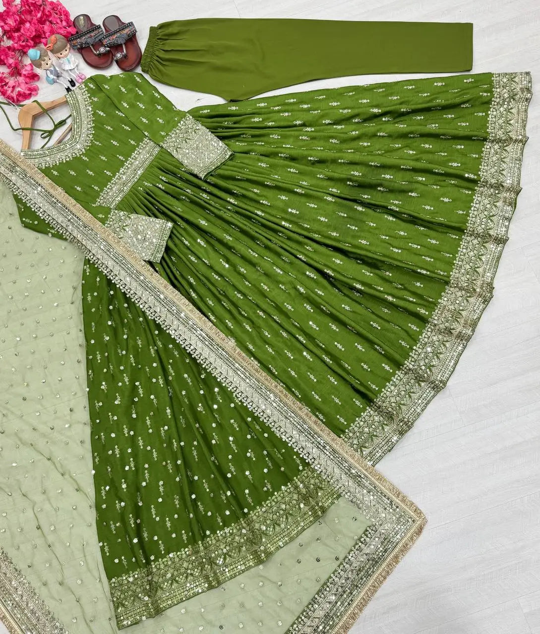 Embroidered Chinon Silk Gown Set