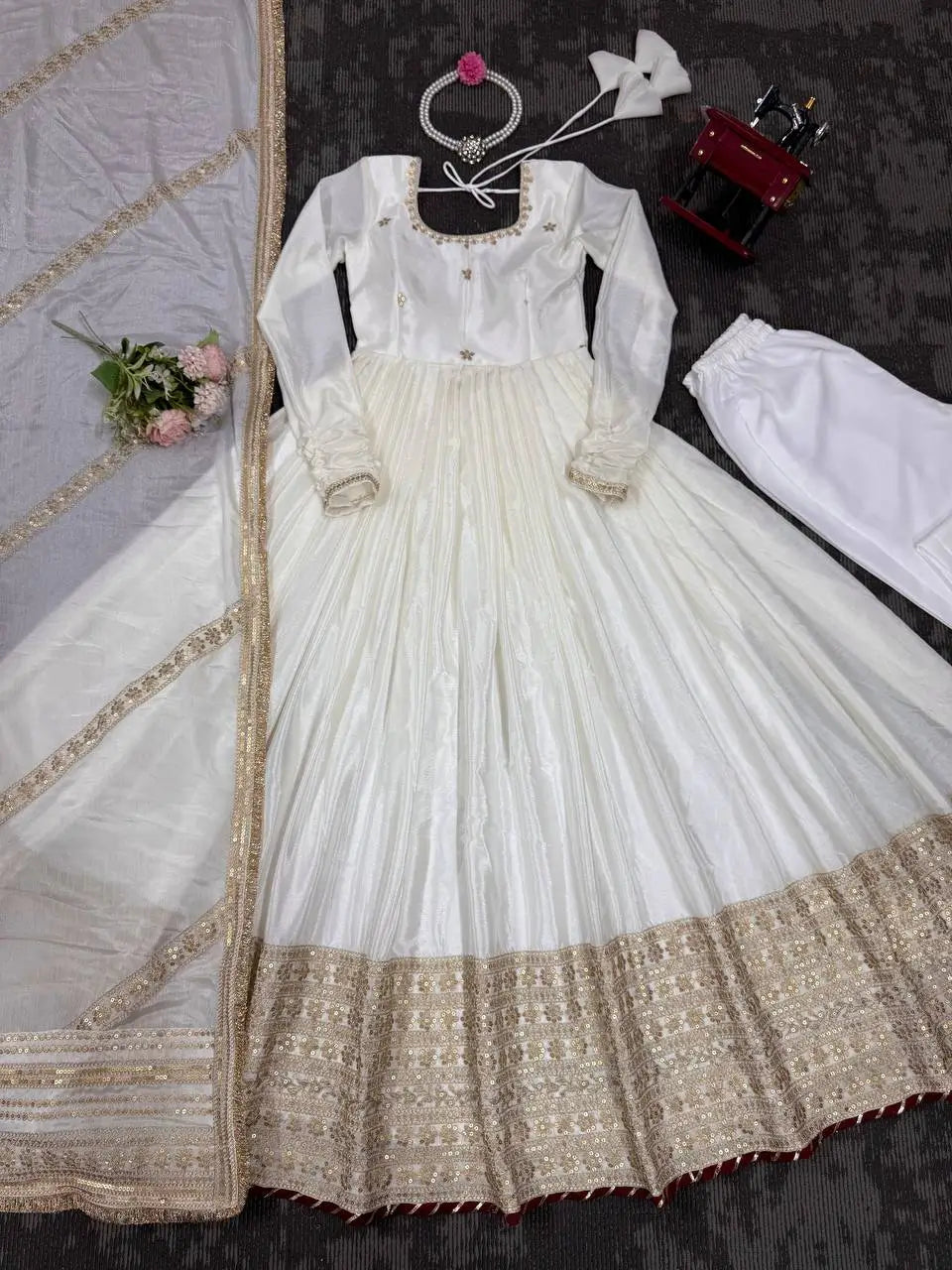 Embroidered Chinon Silk Gown Set