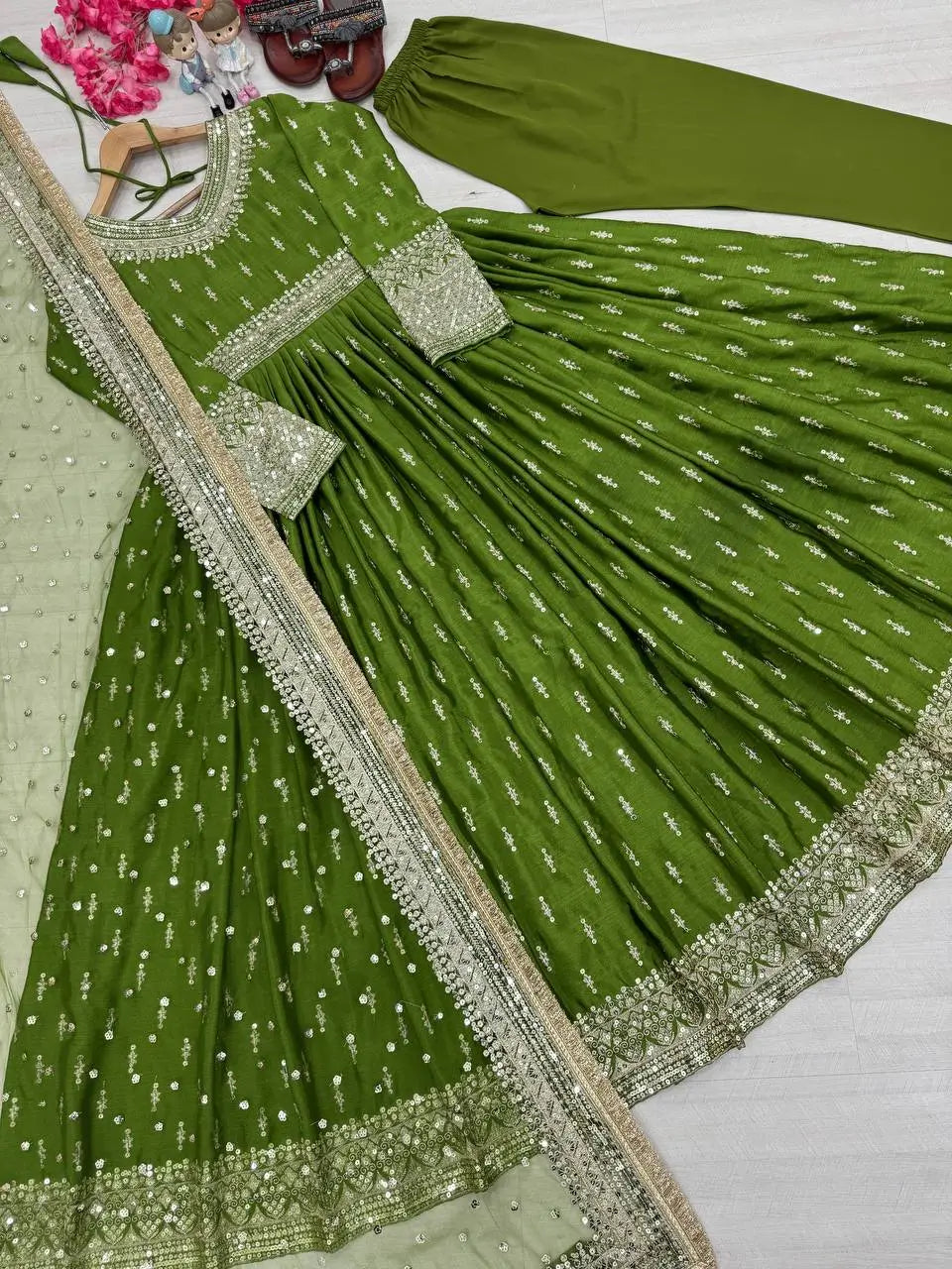 Embroidered Chinon Silk Gown Set