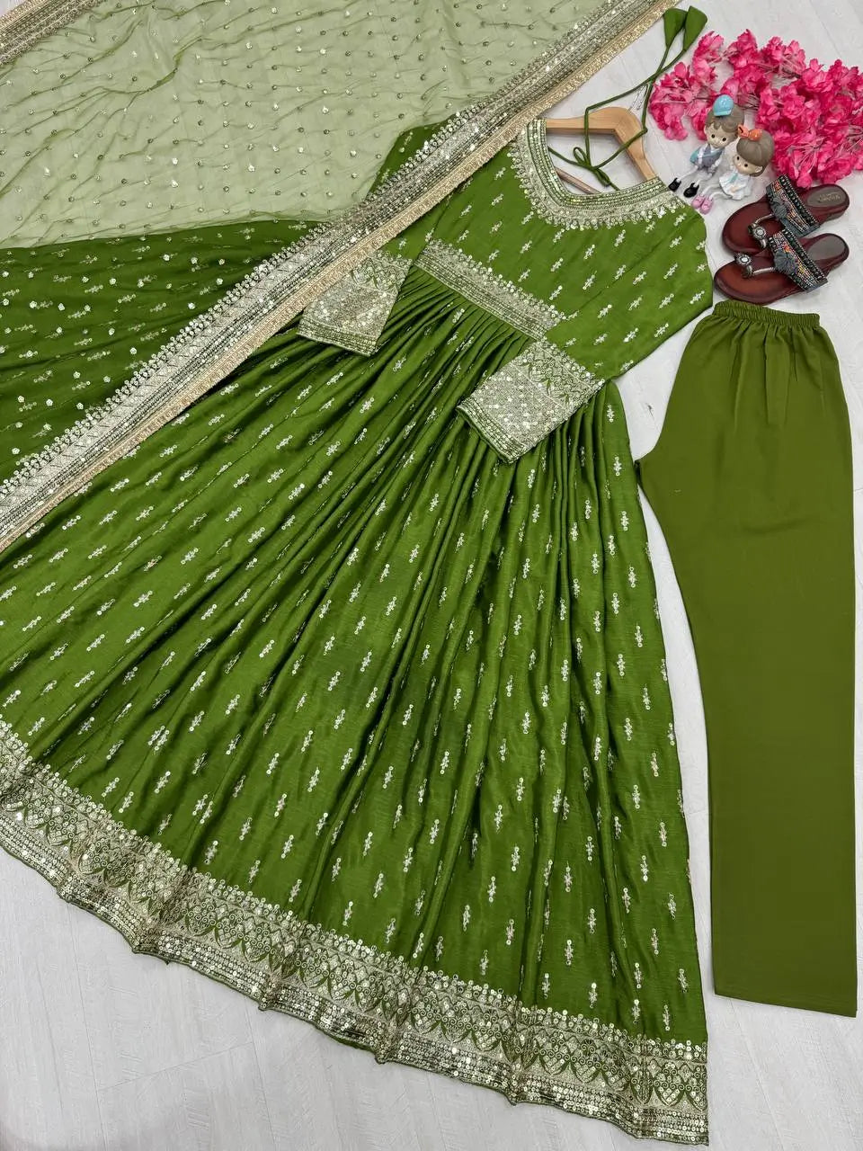 Embroidered Chinon Silk Gown Set